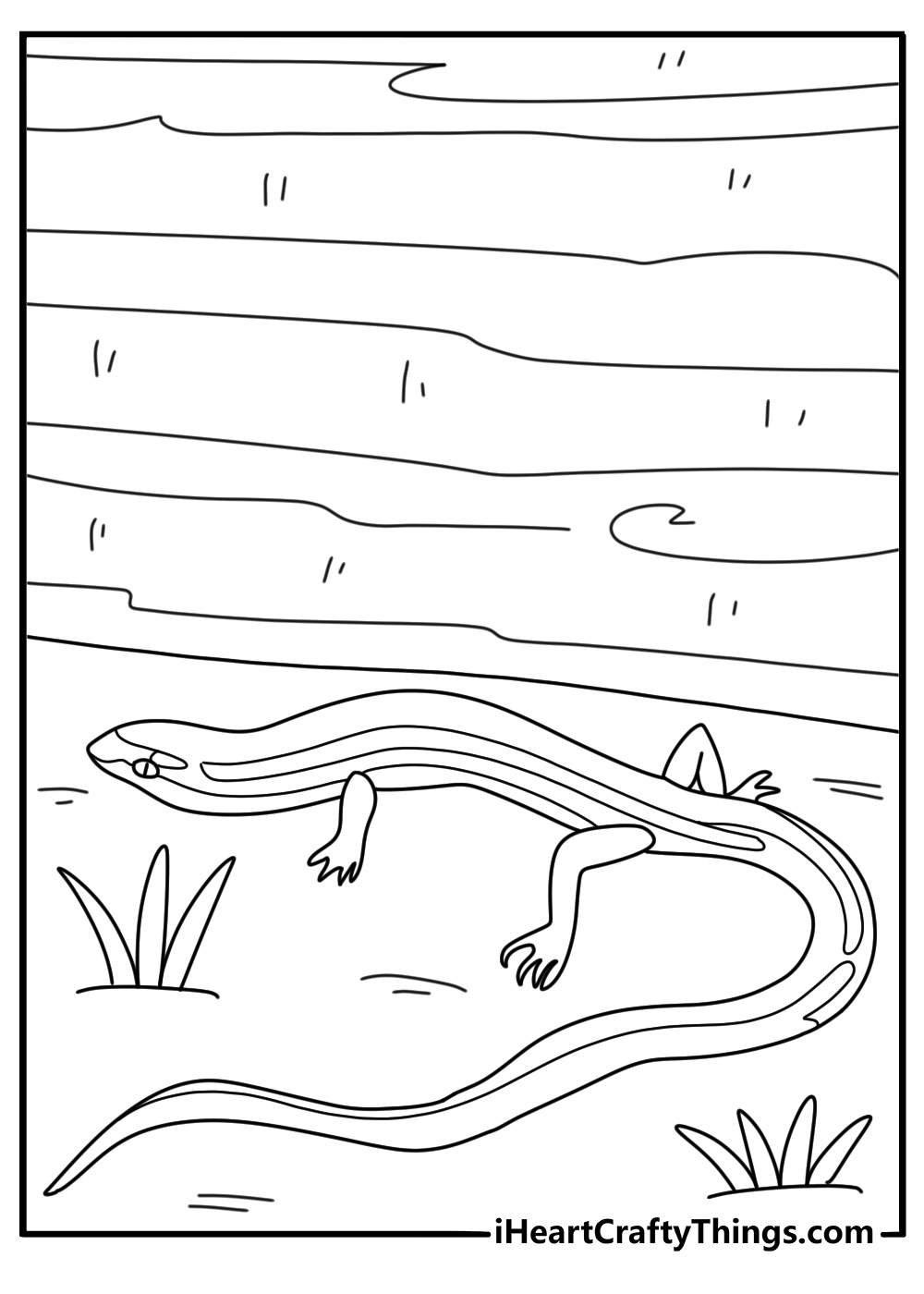 Skink hiding under fallen log easy coloring page for kids