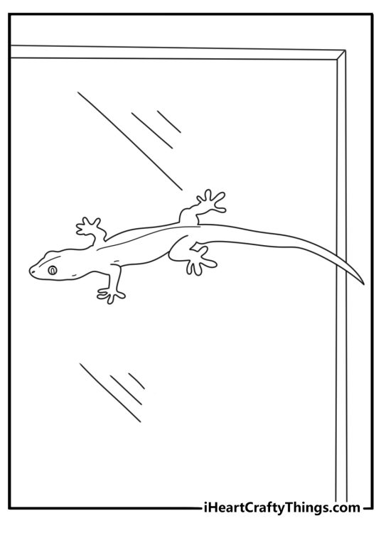 Small house gecko on window frame easy coloring sheet
