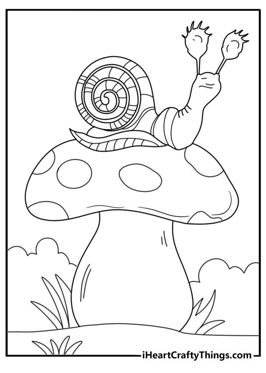 Snail on mushroom simple kawaii coloring page for kids