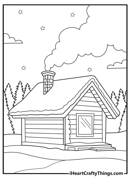 Snowy January cabin in pine forest coloring sheet