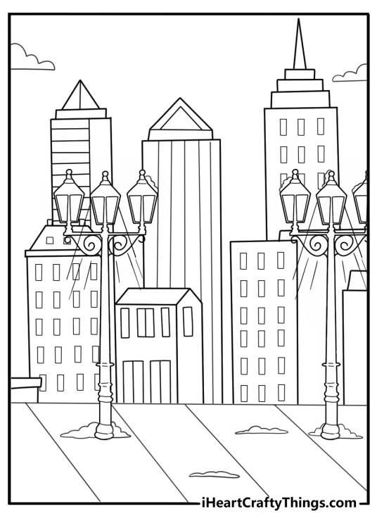 Snowy January city street with lampposts and houses coloring page