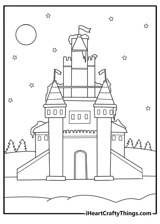 Snowy winter castle with icicles and starry sky Castle coloring pages coloring page