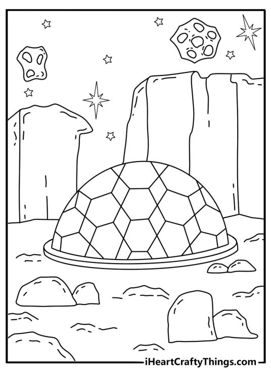 Space rocks surround an alien camp in this simple printable page