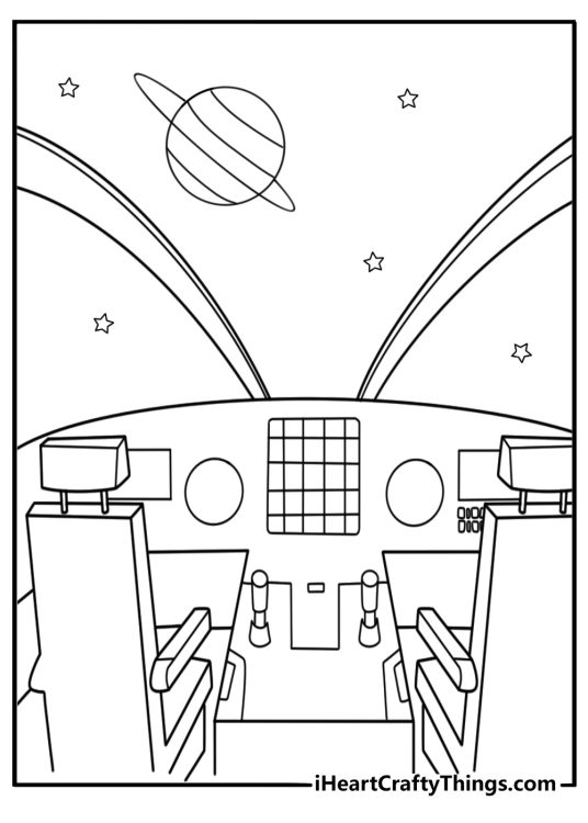 Spaceship cockpit interior with control panels and pilot seat coloring page