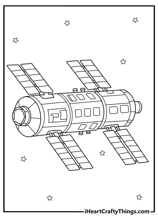 Spaceship coloring page featuring science lab ship with solar panels extended