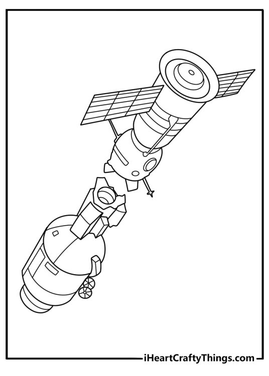 Spaceship coloring page of rescue ship lifting broken satellite with beam