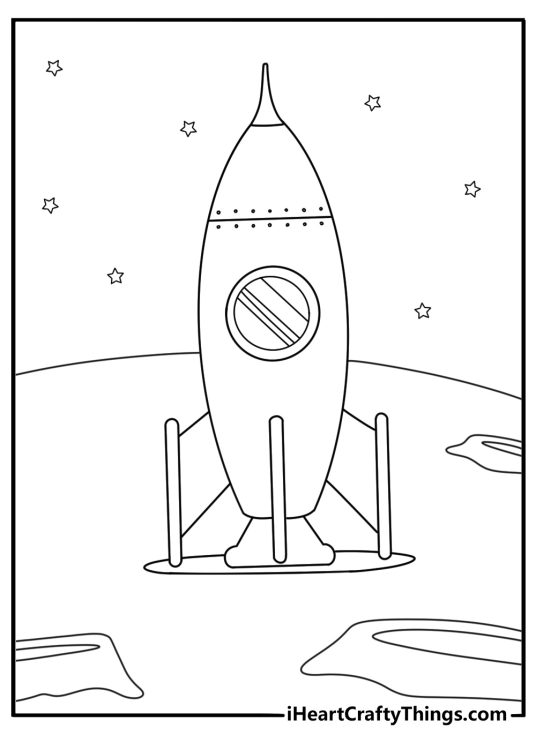 Spaceship coloring page with rocket ship landing on the moon surface near craters