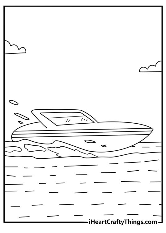 Speed boat cutting through waves with splash lines detailed coloring page for adults