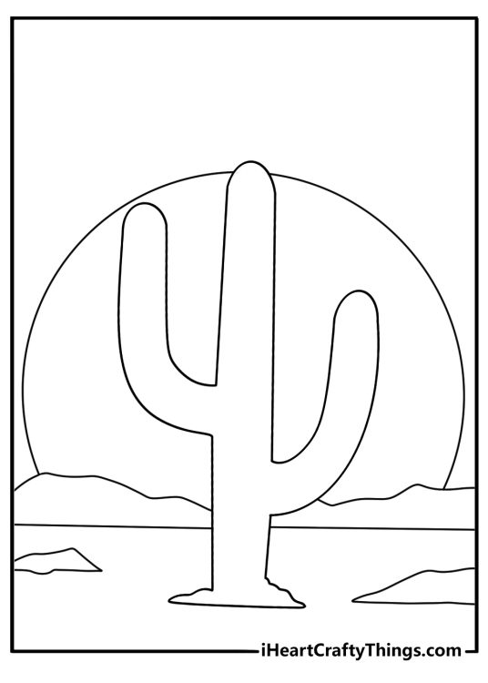 Spiky cactus silhouette against sunset desert simple cactus coloring page