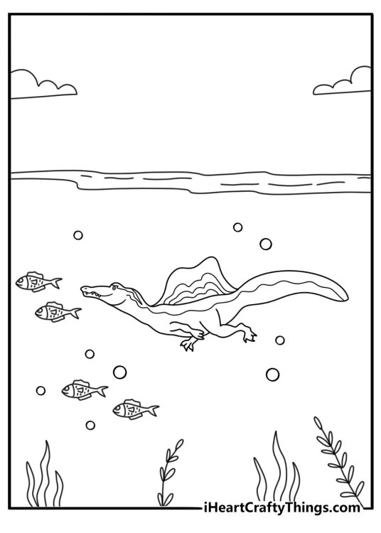 Spinosaurus coloring page free with the dinosaur following fish through water plants