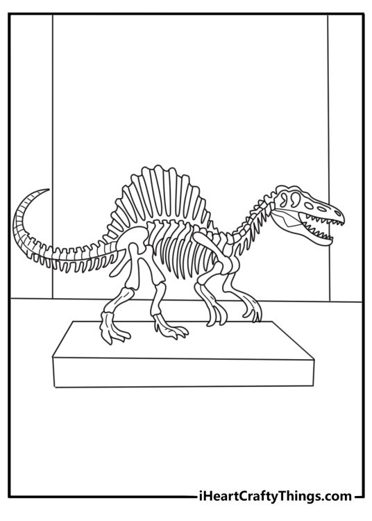 Spinosaurus coloring page pdf with a fossil skeleton in a museum hall