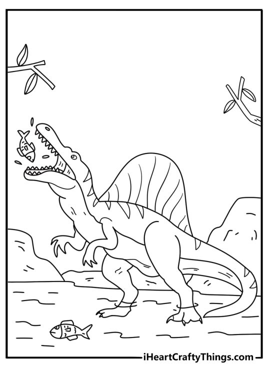 Spinosaurus coloring page with the dinosaur catching a fish in a river