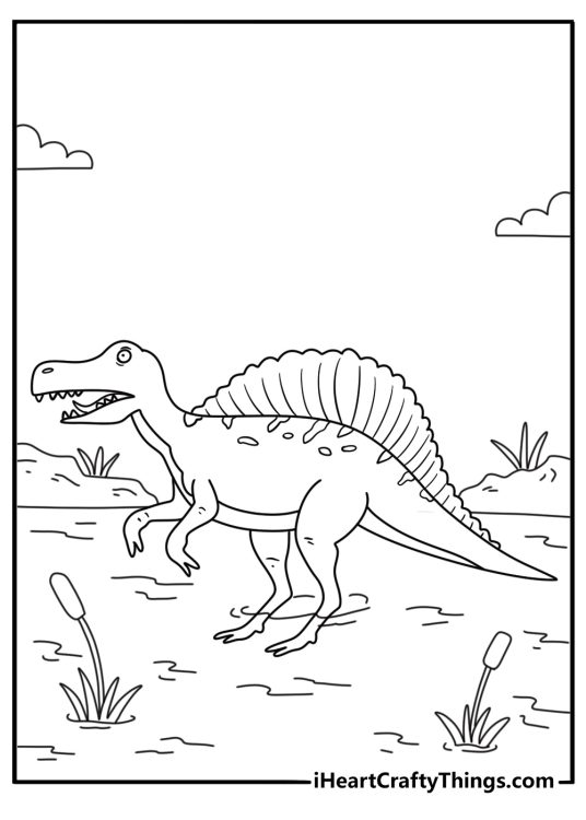 Spinosaurus coloring sheet with the dinosaur walking through shallow water