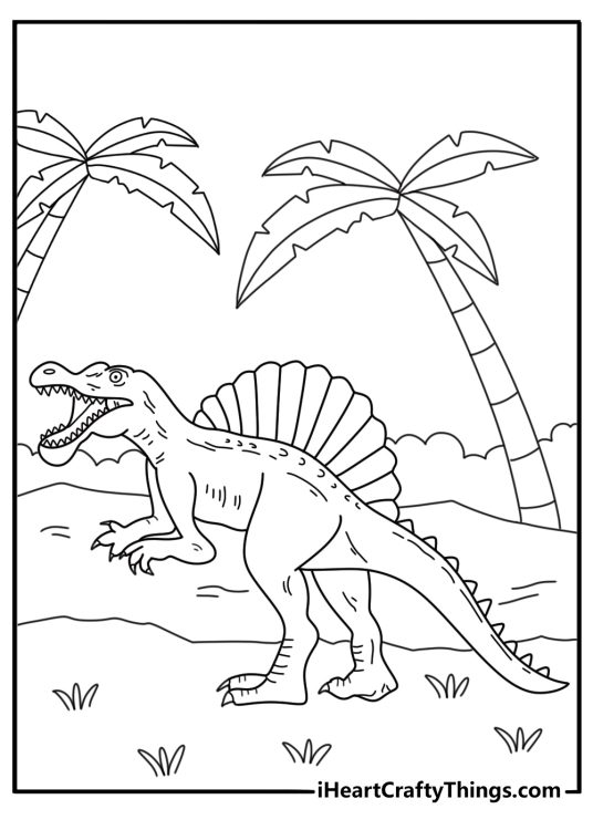 Spinosaurus printable coloring pages showing the dinosaur beside palm trees and reeds