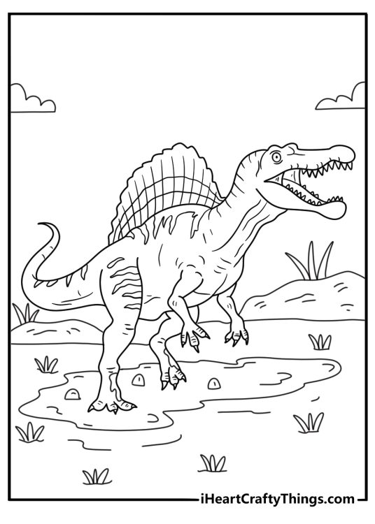 Spinosaurus realistic dinosaur coloring pages with the hunter on a muddy riverbank
