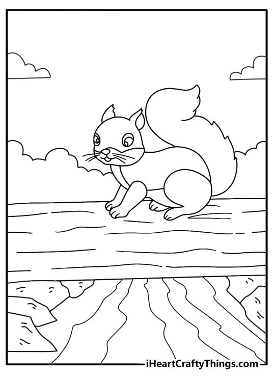 Squirrel coloring page with a squirrel balancing on a log over a creek