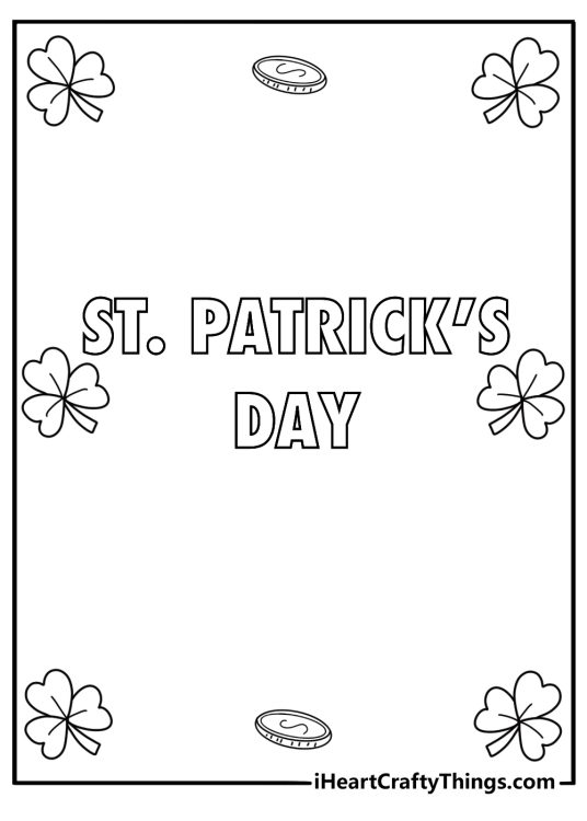St Patricks Day banner with shamrock and coin border coloring page