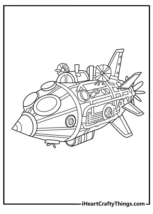 Steampunk spaceship with gears and smoke pipes unique printable coloring page
