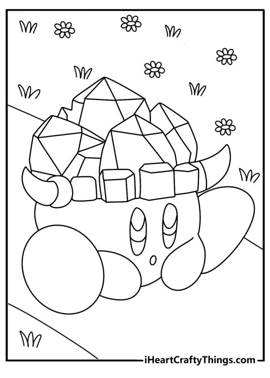 Stone Kirby rests among small rocks on a Dream Land path