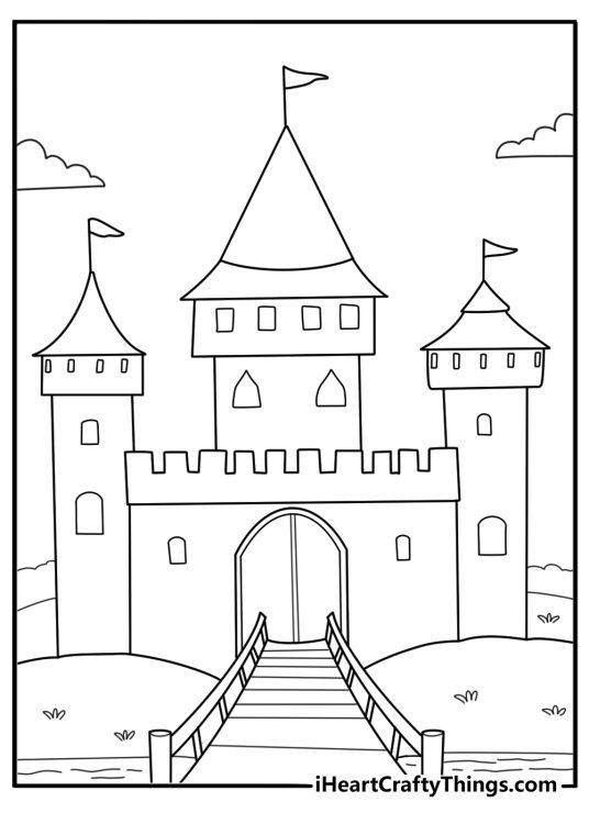 Stone castle with drawbridge over moat easy coloring page pdf