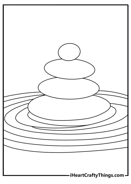 Stress management coloring page with balanced stones in sand lines