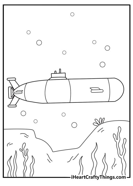 Submarine under sea with periscope and bubbles detailed coloring page