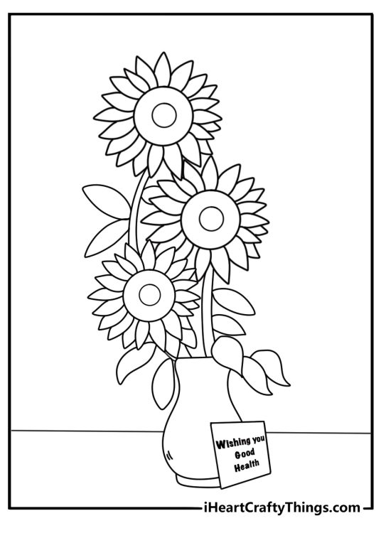Sunflower in vase sending good health wishes simple coloring page