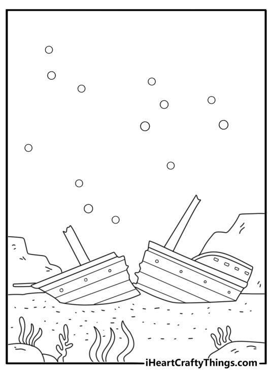 Sunken ship coloring page resting on seabed with coral and seaweed