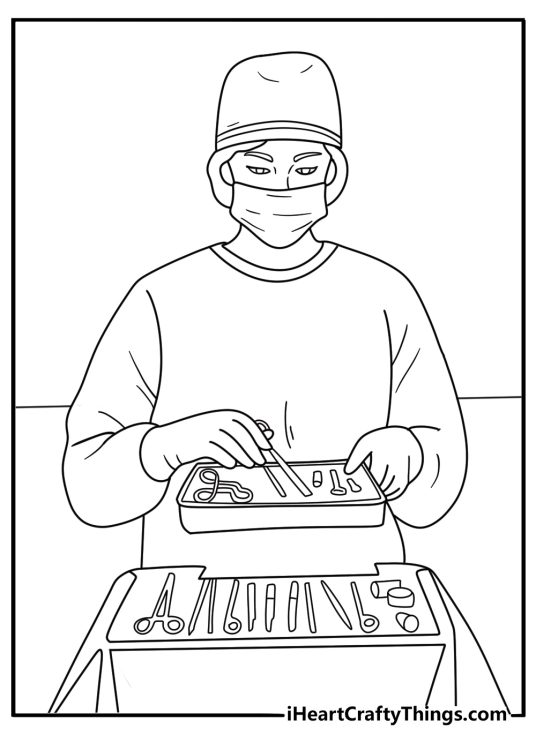 Surgeon in scrubs arranging sterile tools on tray detailed coloring page for adults