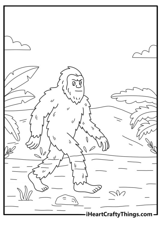 Swamp mist Bigfoot coloring page with cypress knees and ripples on water