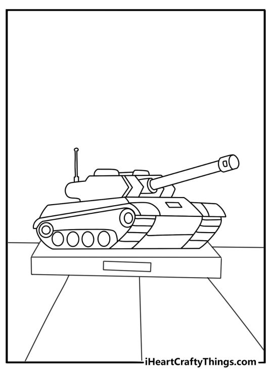 Tank coloring page for kids with a tank at a military museum