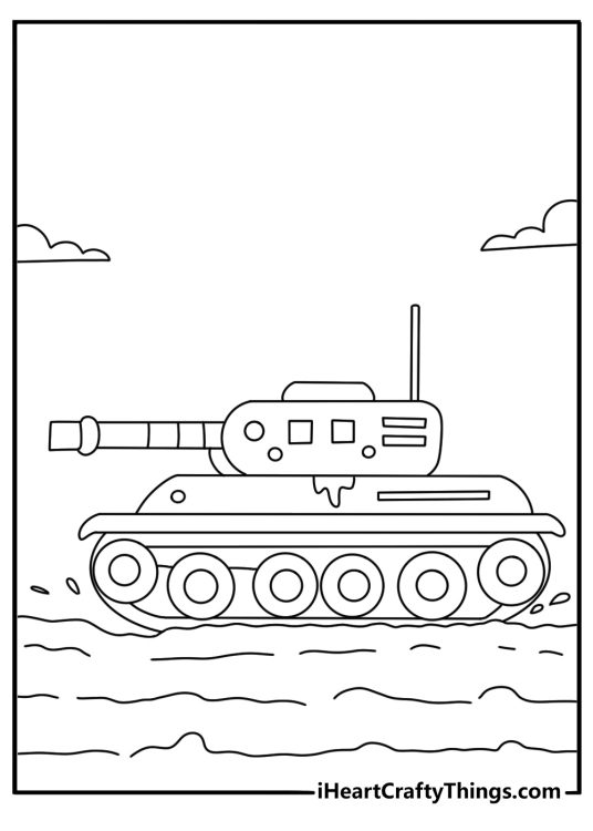 Tank coloring page with a tank crossing a muddy field