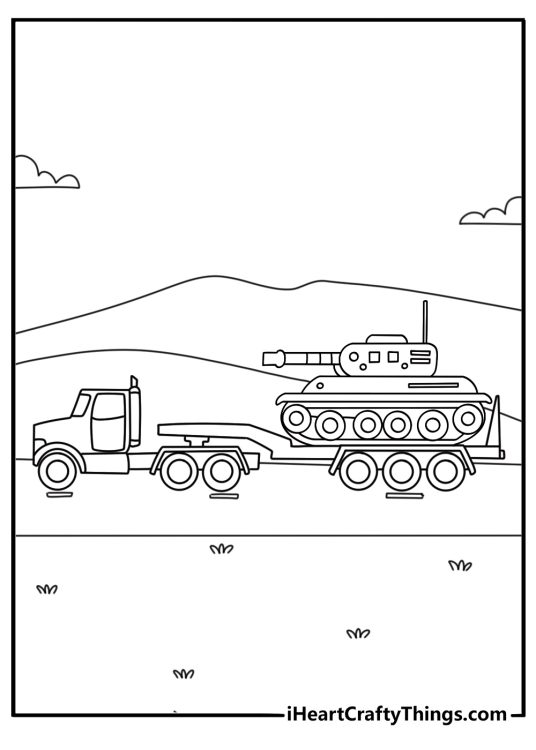 Tank coloring printable with a tank transporter truck carrying a tank