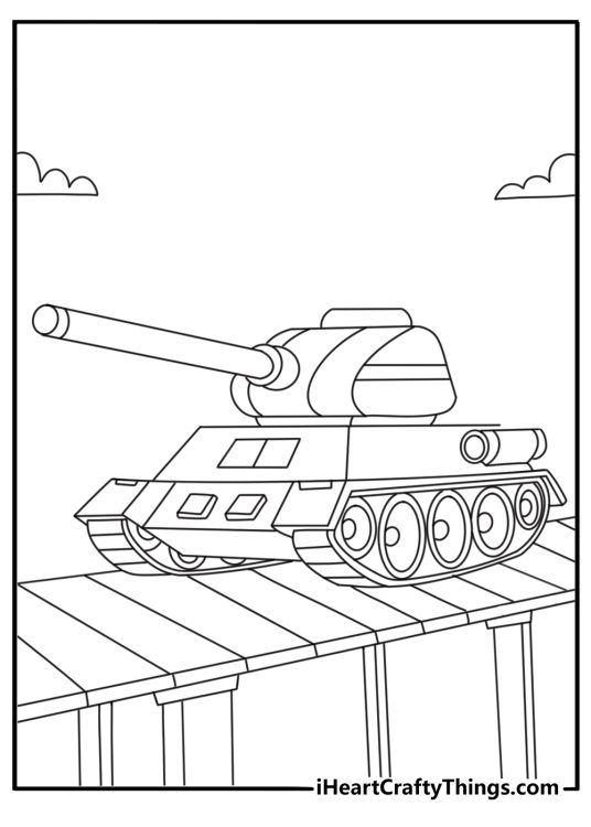 Tank coloring sheet with a tank driving over a wooden bridge