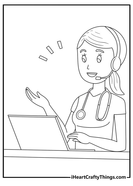 Telehealth doctor on laptop with headset giving advice online coloring page PDF
