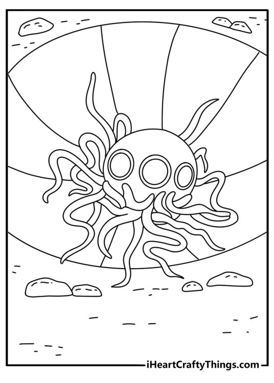 Tentacled space creature climbs from a meteor crater in this alien coloring page