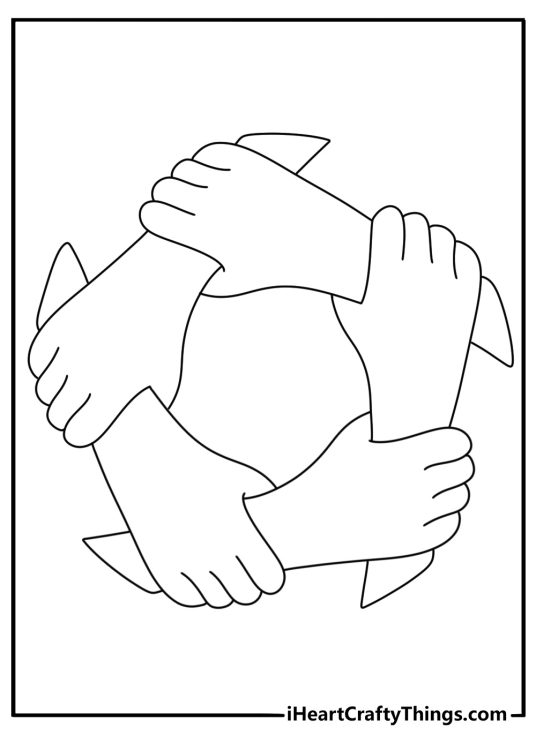 The word Unity appears above a circle of linked hands in this coloring sheet