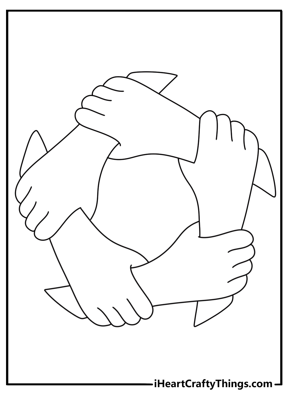 The word Unity appears above a circle of linked hands in this coloring sheet