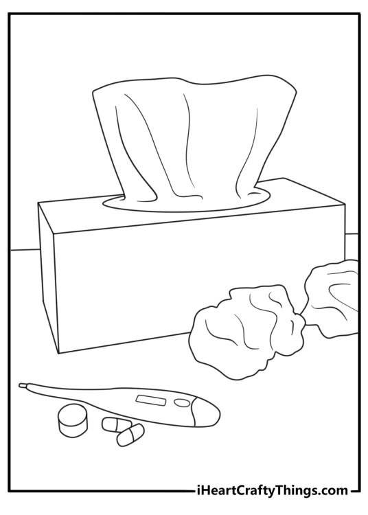 Thermometer and tissue box simple coloring page for kids