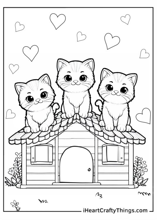 Three Cartoon Kitten On Roof Of Pet House