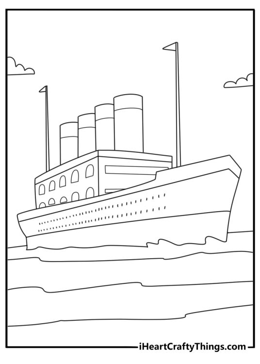 Titanic ship coloring page with tall funnels and long deck