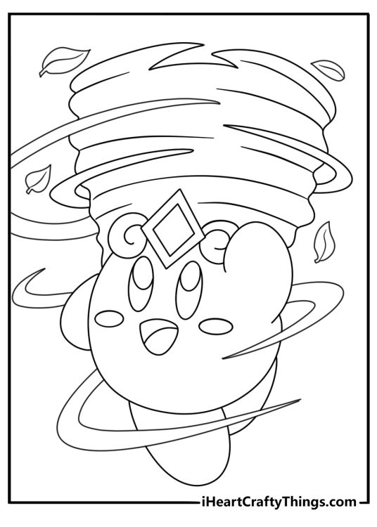 Tornado Kirby spins through leaves in this action coloring sheet