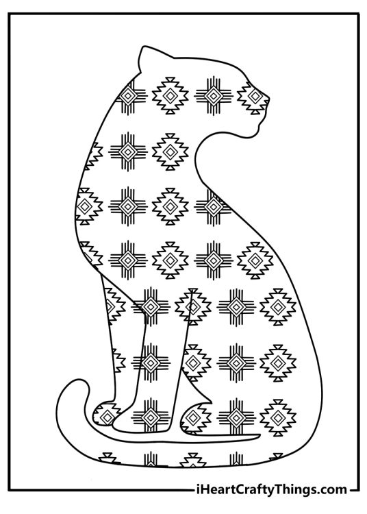 Tribal pattern leopard silhouette bold line art coloring sheet