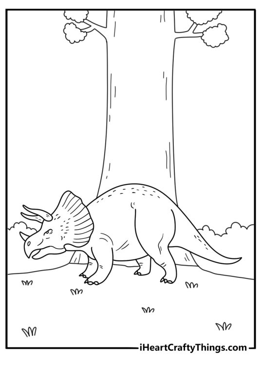 Triceratops coloring page for kids showing a dinosaur beside tree roots