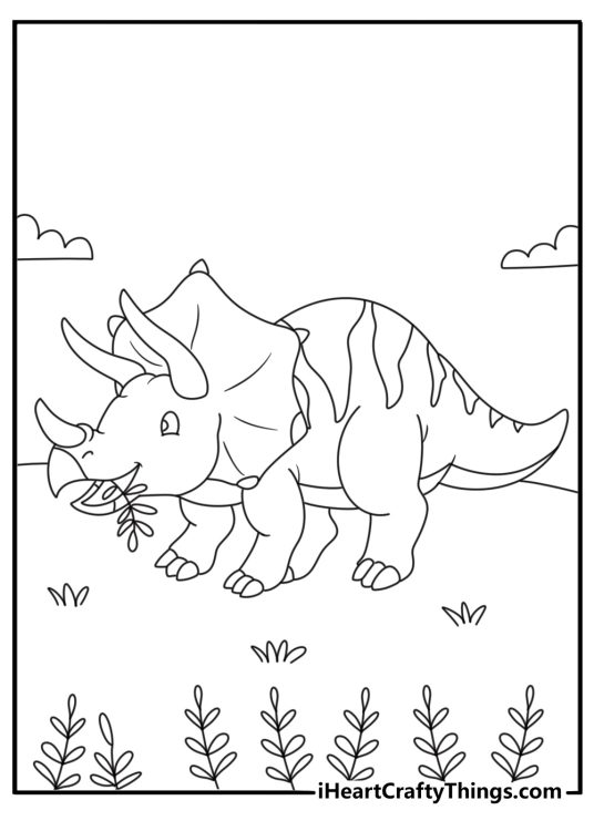 Triceratops coloring page showing a dinosaur eating low ferns