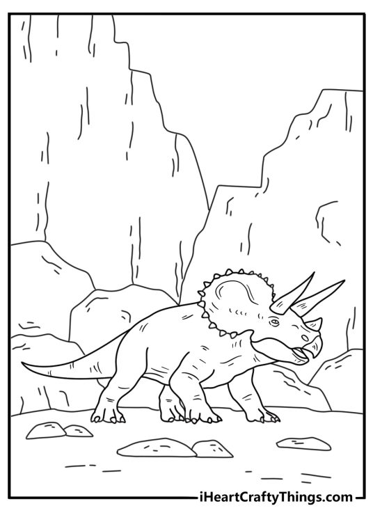 Triceratops coloring page showing a horned dinosaur near a canyon wall