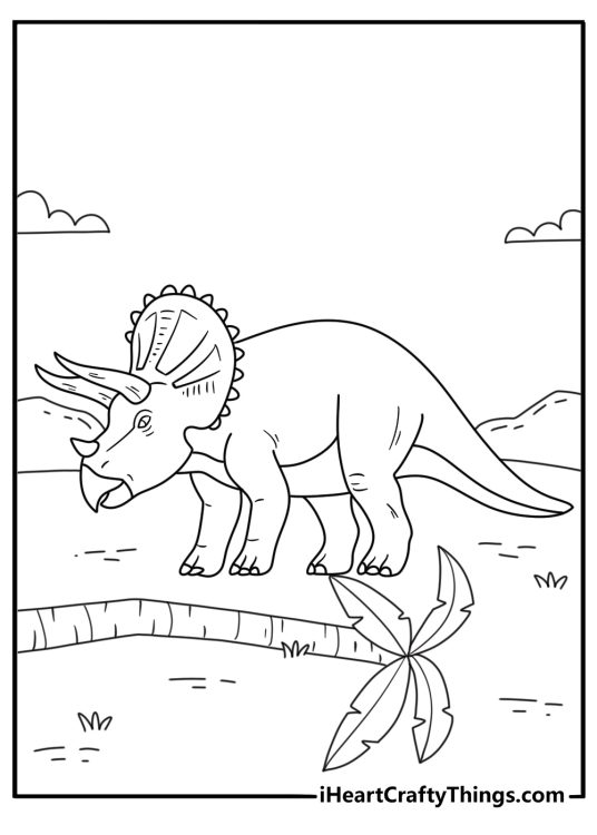 Triceratops coloring pages scene showing a dinosaur beside a fallen tree