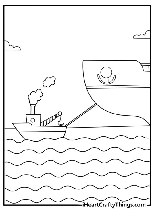 Tugboat pulling barge with rope across harbor easy coloring page