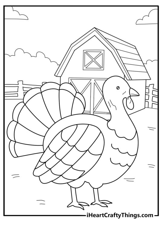 Turkey showing wide tail near barn detailed coloring page