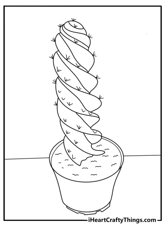 Twisted cactus with unusual curves detailed cactus coloring pages for adults